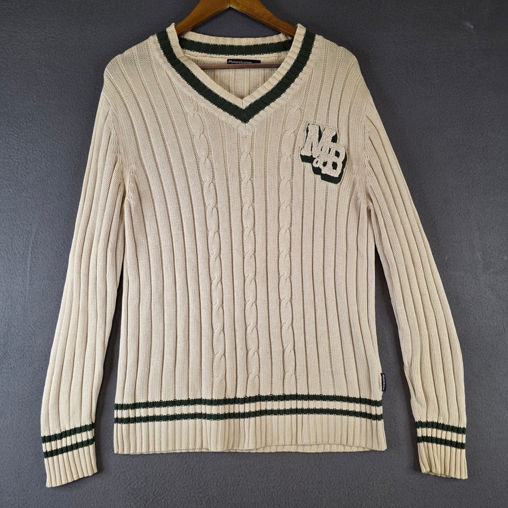 Meters/bonwe Cream V-Neck Cable Knit Collegiate Sweater Green‎ Trim M Preppy